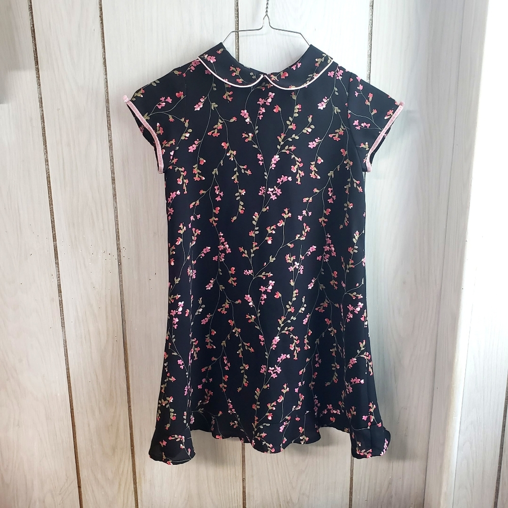 Talbots Kids Girls Black Floral Pink Collared Polyester Dress Size 5